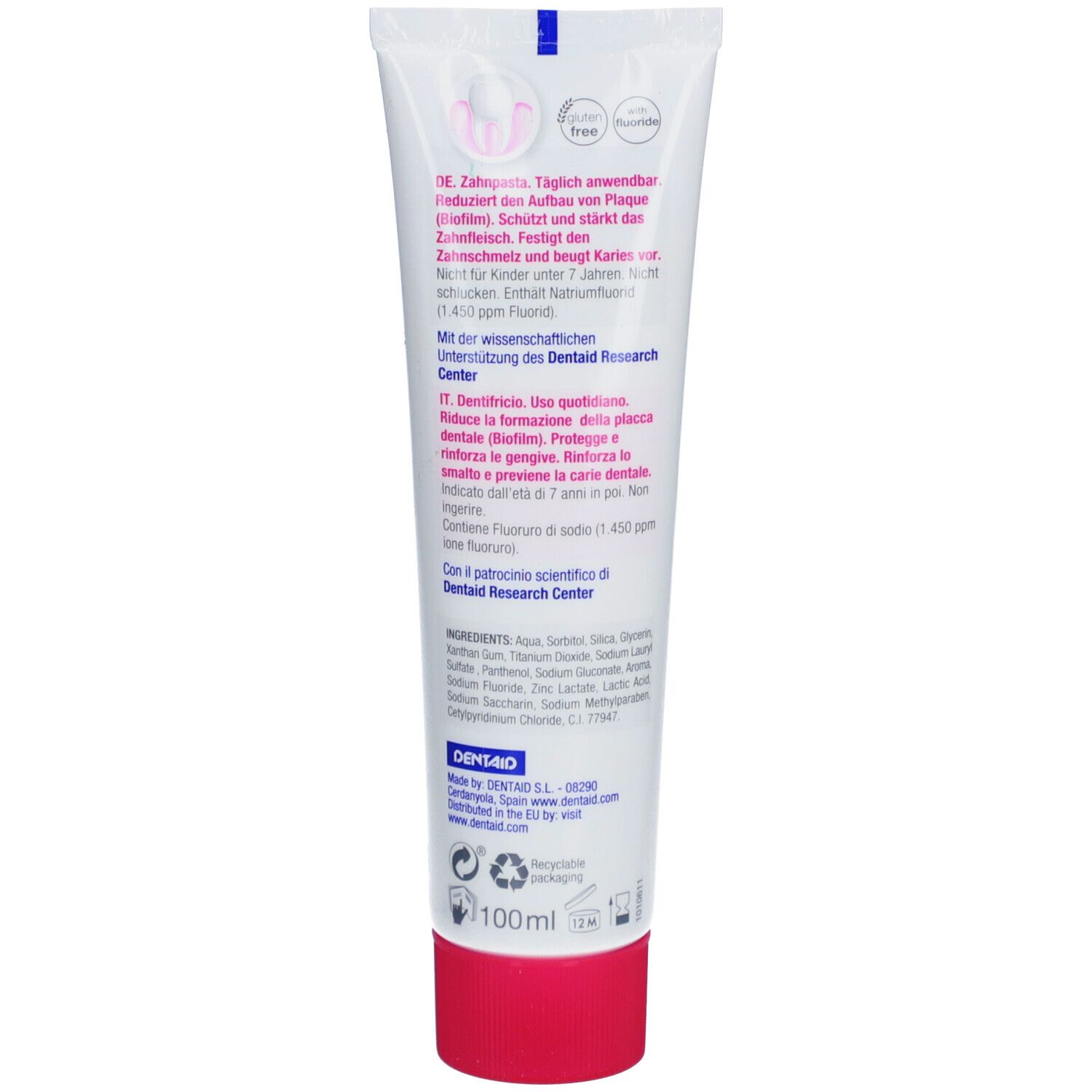 Retro del tubetto di dentifricio VITIS® Gesundes Zahnfleisch. Testo in tedesco e italiano. Ingredienti e informazioni del produttore.