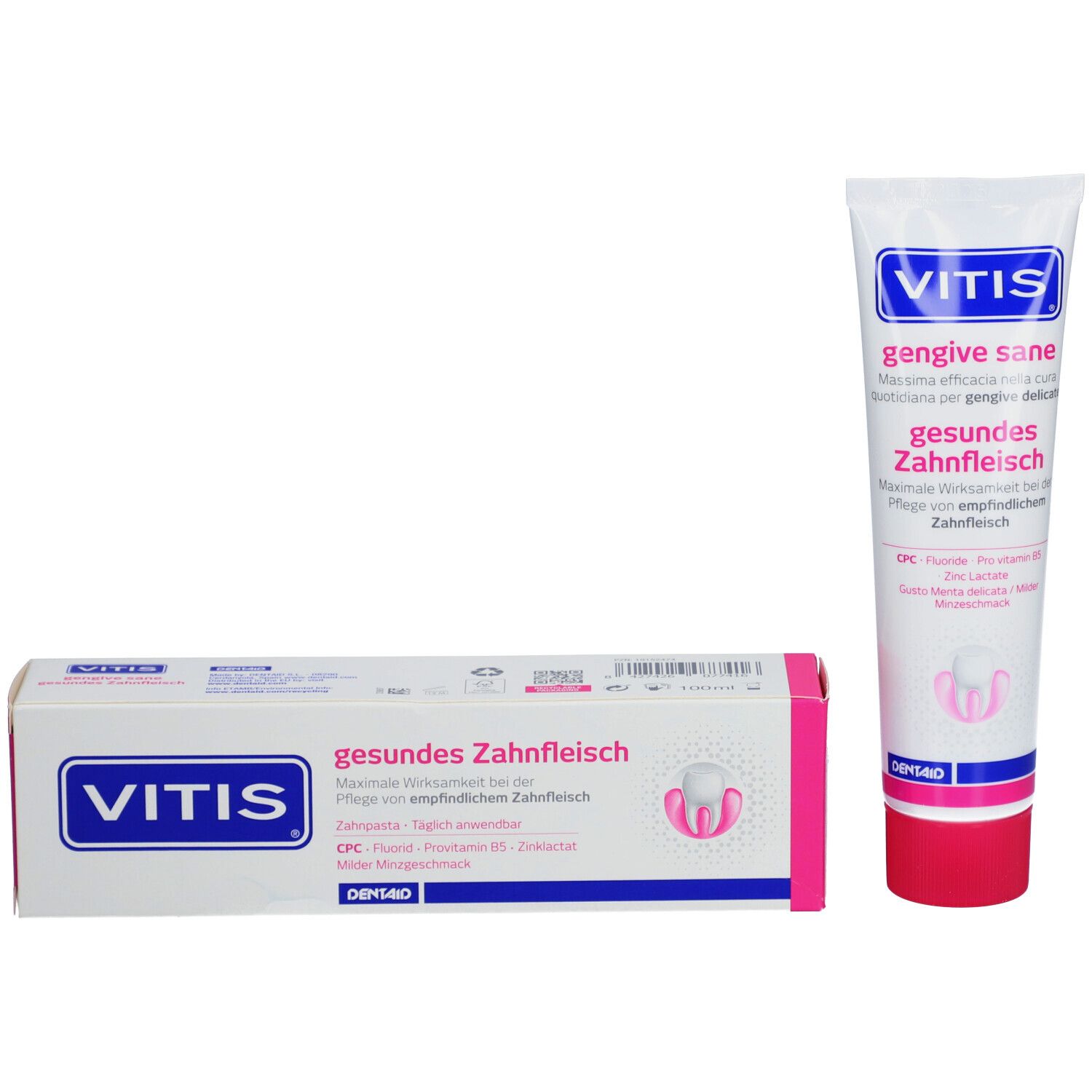 Dentifricio VITIS® Gesundes Zahnfleisch e confezione. Tubo bianco e scatola con accenti rosa. Testo: VITIS, Gesundes Zahnfleisch.