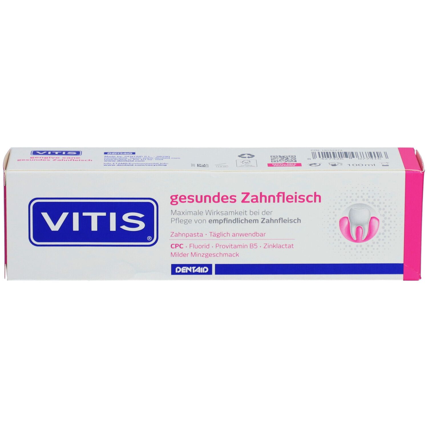 Confezione di dentifricio VITIS® Gesundes Zahnfleisch. Scatola bianca con accenti rosa. Testo: VITIS, Gesundes Zahnfleisch, Zahnpasta.