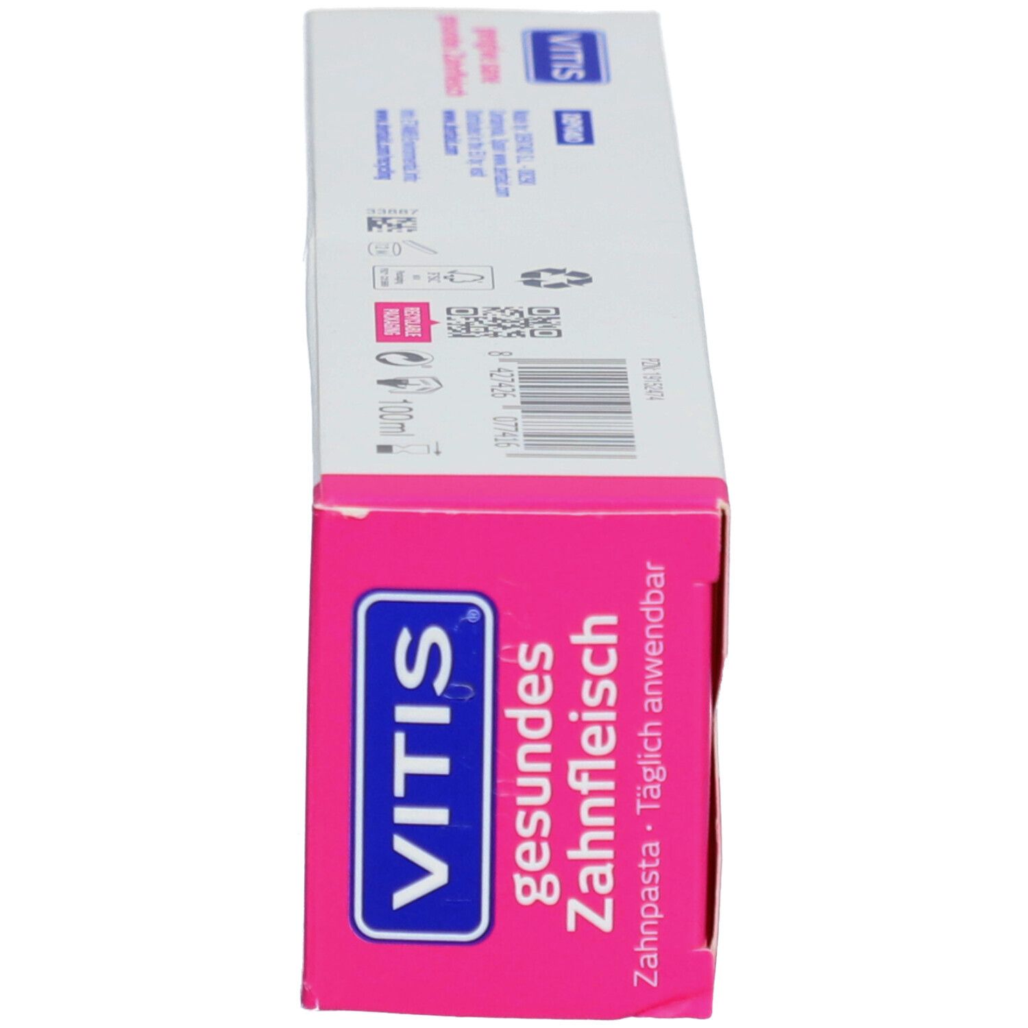 Parte inferiore della confezione di VITIS® Gesundes Zahnfleisch. Scatola rosa e bianca. Testo: VITIS, Gesundes Zahnfleisch, Zahnpasta.