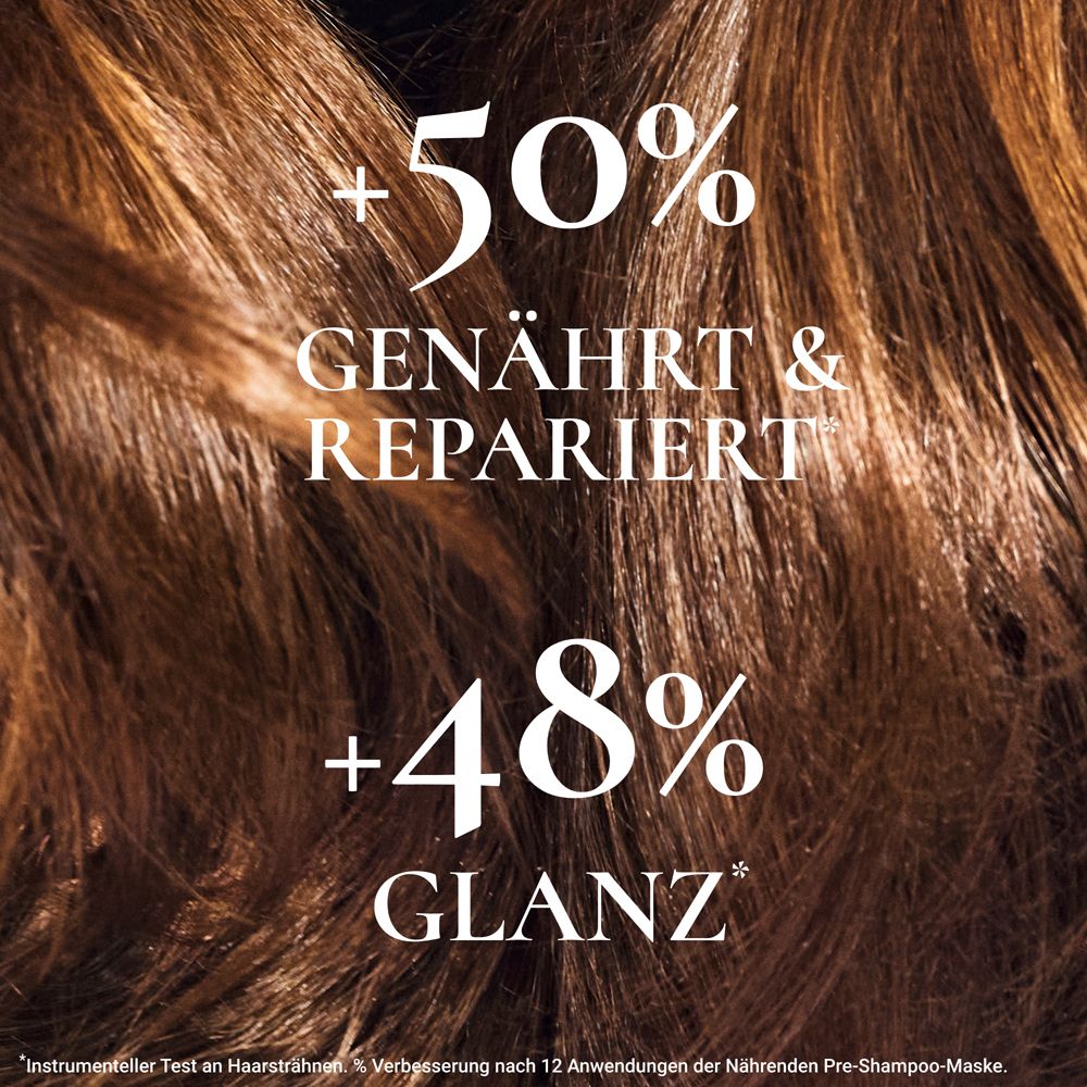 Ciocche di capelli con testo: +50% NUTRITO & RIPARATO, +48% LUCENTEZZA. Testo in basso.