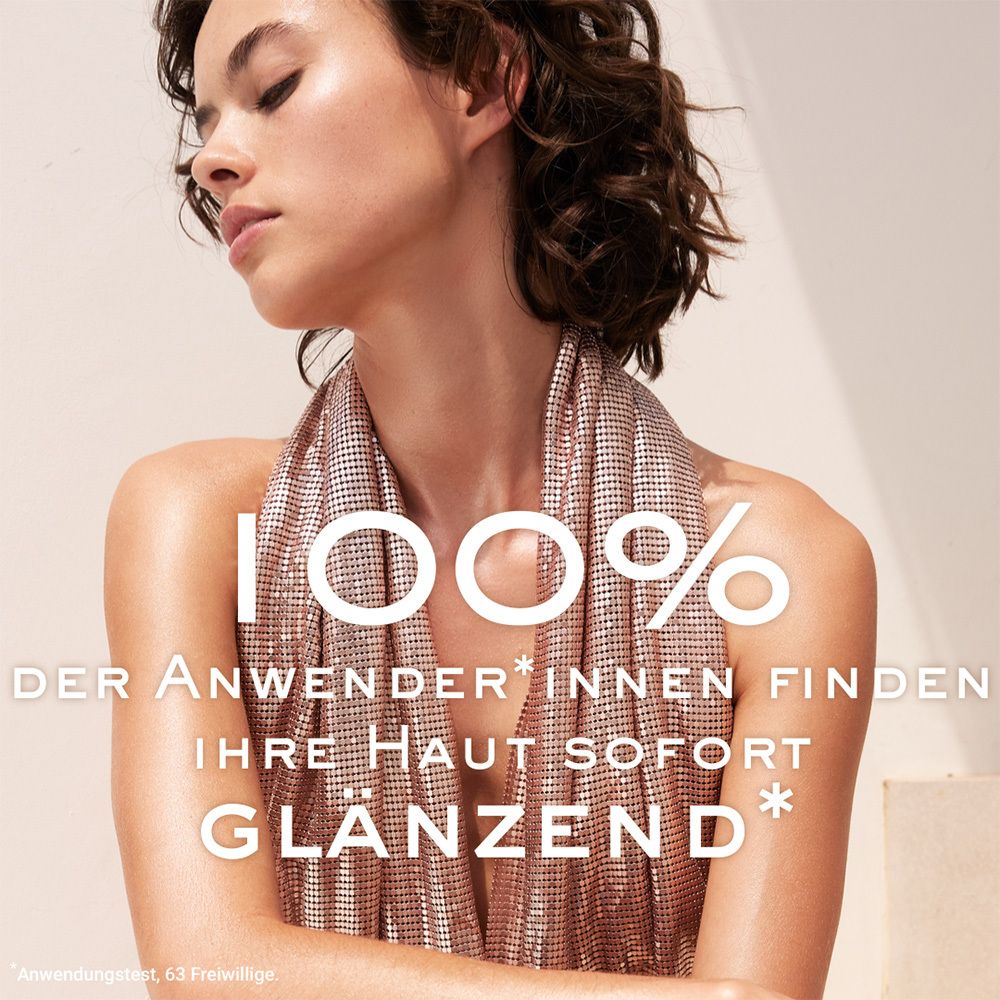 Donna con pelle luminosa. Testo: Il 100% delle utilizzatrici trova la pelle luminosa.