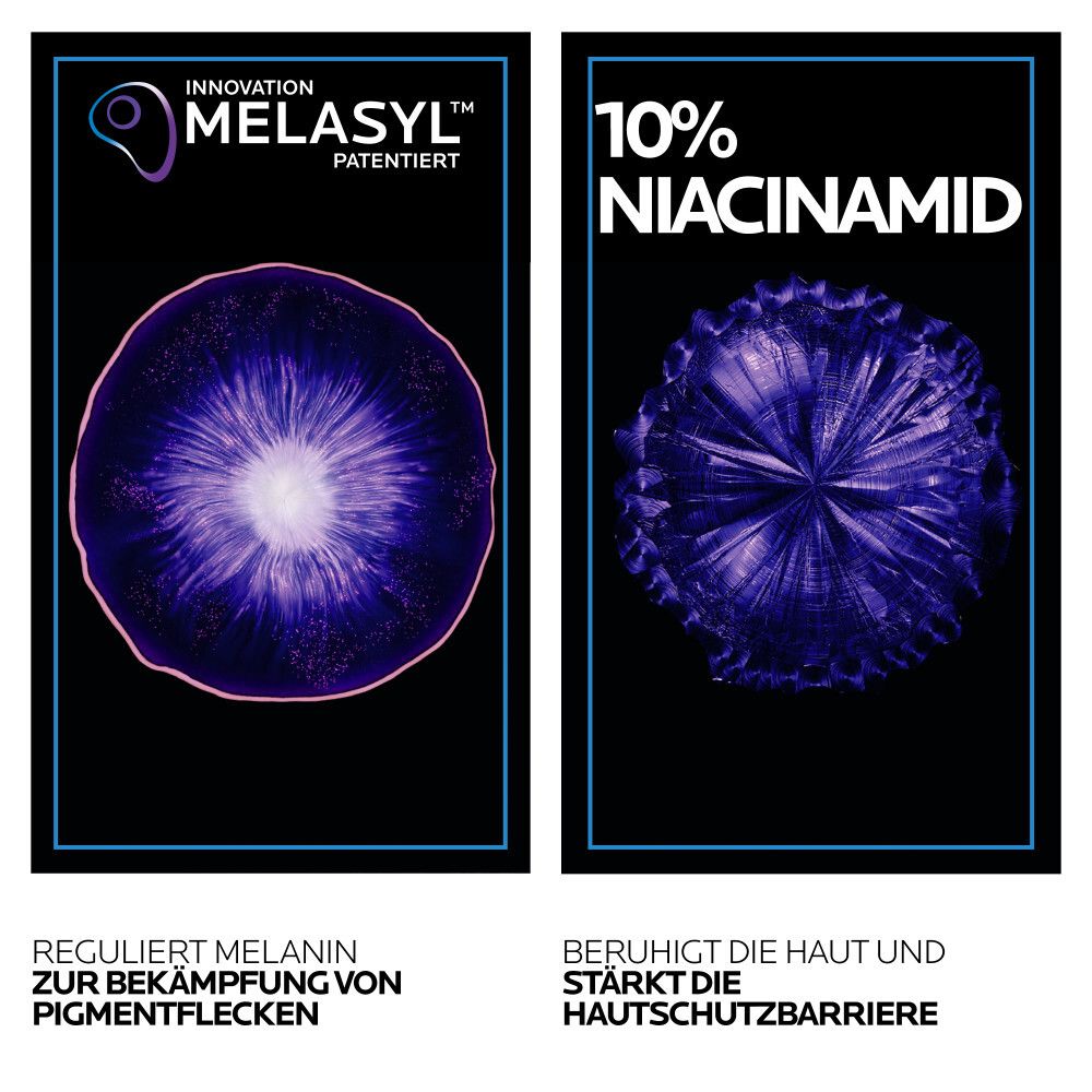 Due pannelli. Sinistra: Melasyl, regola la melanina. Destra: 10% Niacinamide, lenisce la pelle e rafforza la barriera cutanea.