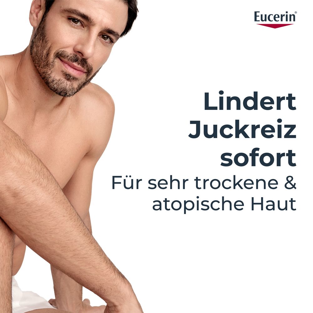Uomo con pelle secca e atopica, testo Eucerin.