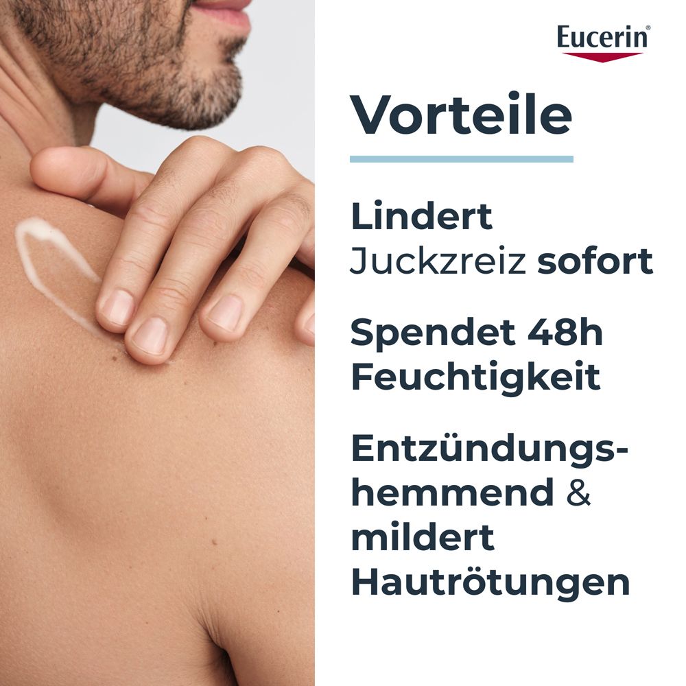 Uomo applica la lozione Eucerin sulla spalla. Benefici: allevia il prurito, idrata per 48 ore.
