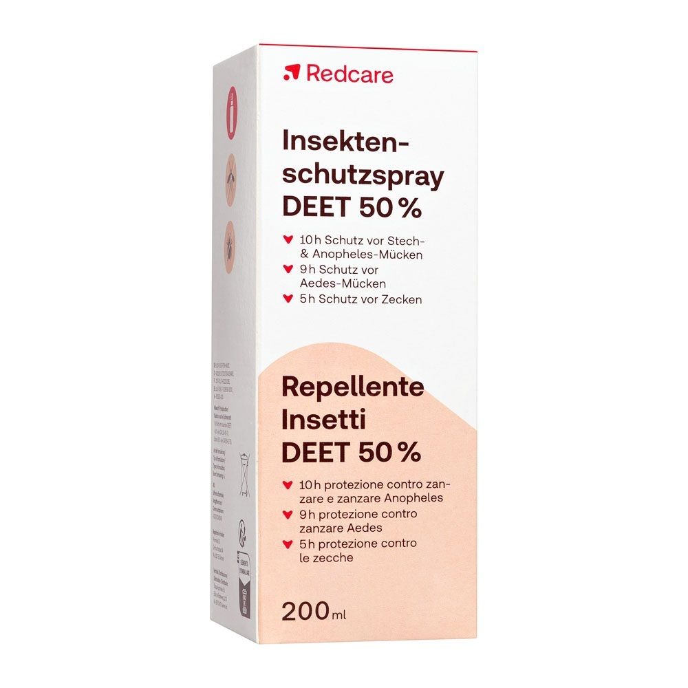 Scatola Redcare Spray Insettorepellente DEET 50% con informazioni prodotto.