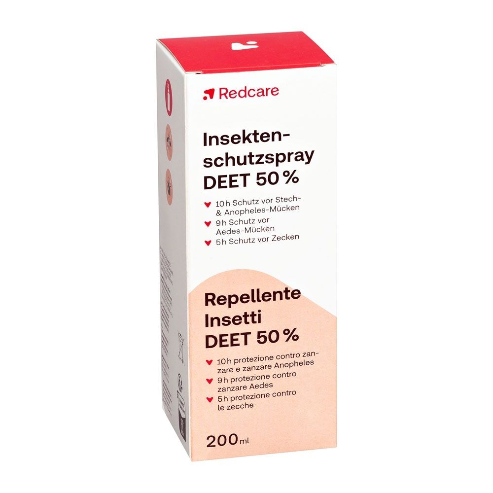 Scatola Redcare Spray Insettorepellente DEET 50%, fronte.