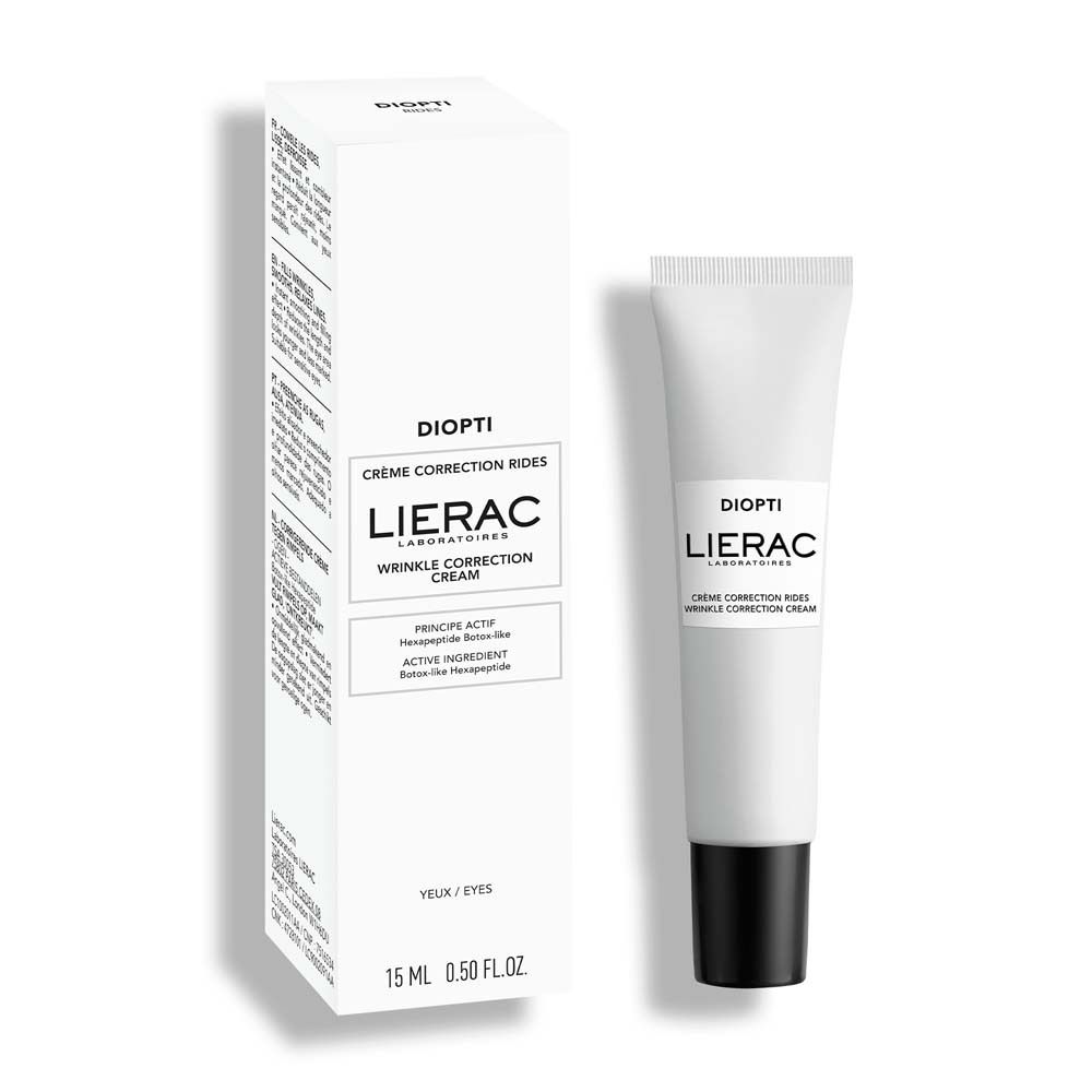 Confezione bianca e tubo. Scritta DIOPTI, LIERAC, Crema Correzione Rughe. 15 ml.
