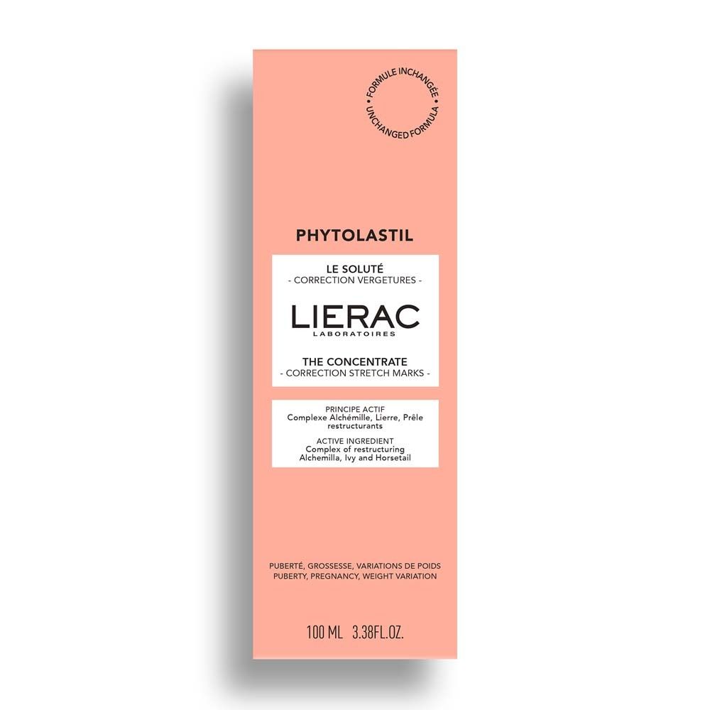 Confezione rosa con LIERAC e nome prodotto. Contiene informazioni sugli ingredienti e il volume. Smagliature.