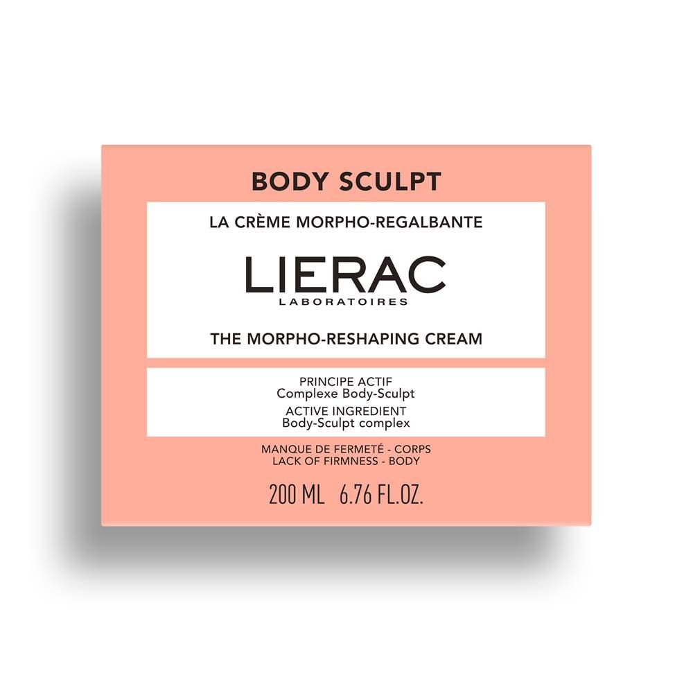 Confezione rosa con etichetta bianca. Scritta: BODY SCULPT, LIERAC, LA CRÈME MORPHO-REGALBANTE, THE MORPHO-RESHAPING CREAM.