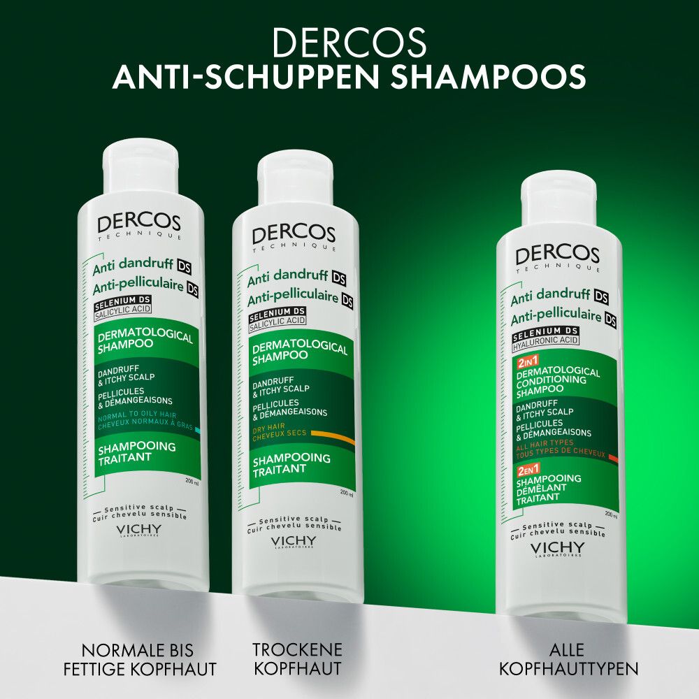 Shampoo Dercos 2in1, testato su cuoio capelluto sensibile. Raccomandato dai dermatologi.