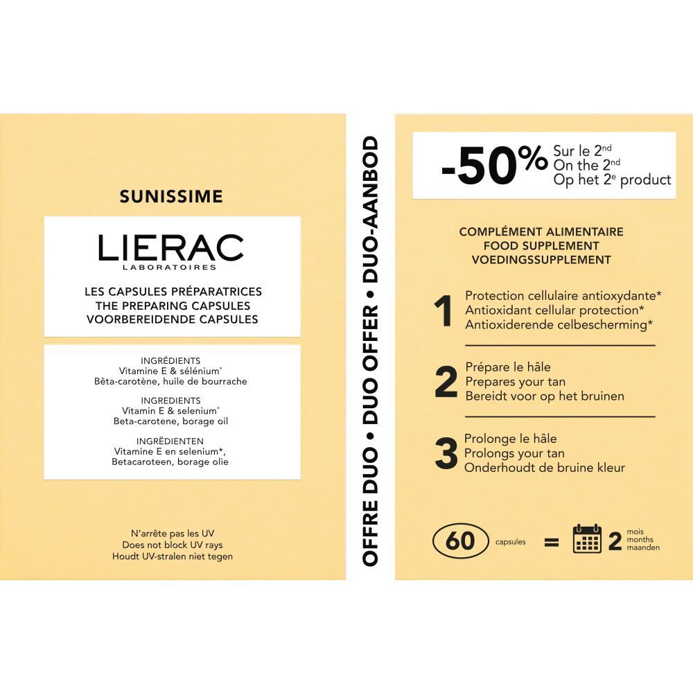 Confezione di LIERAC Sunissime Duo Kapseln. Contiene 60 capsule. Offerta Duo con sconto. Informazioni sul prodotto stampate.