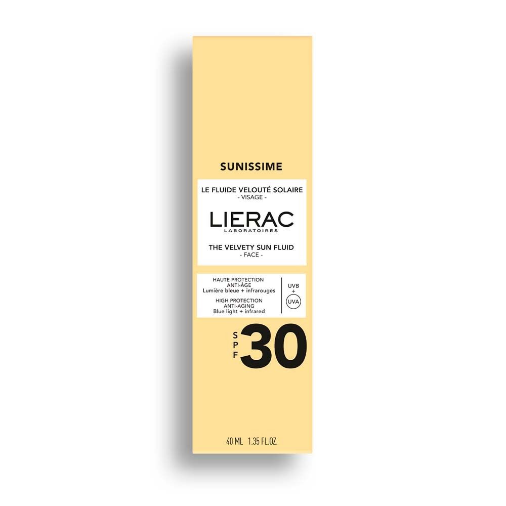 Confezione gialla con scritta: LIERAC, Sunissime, SPF 30. Testo in francese. Contiene filtri UV e UVA.
