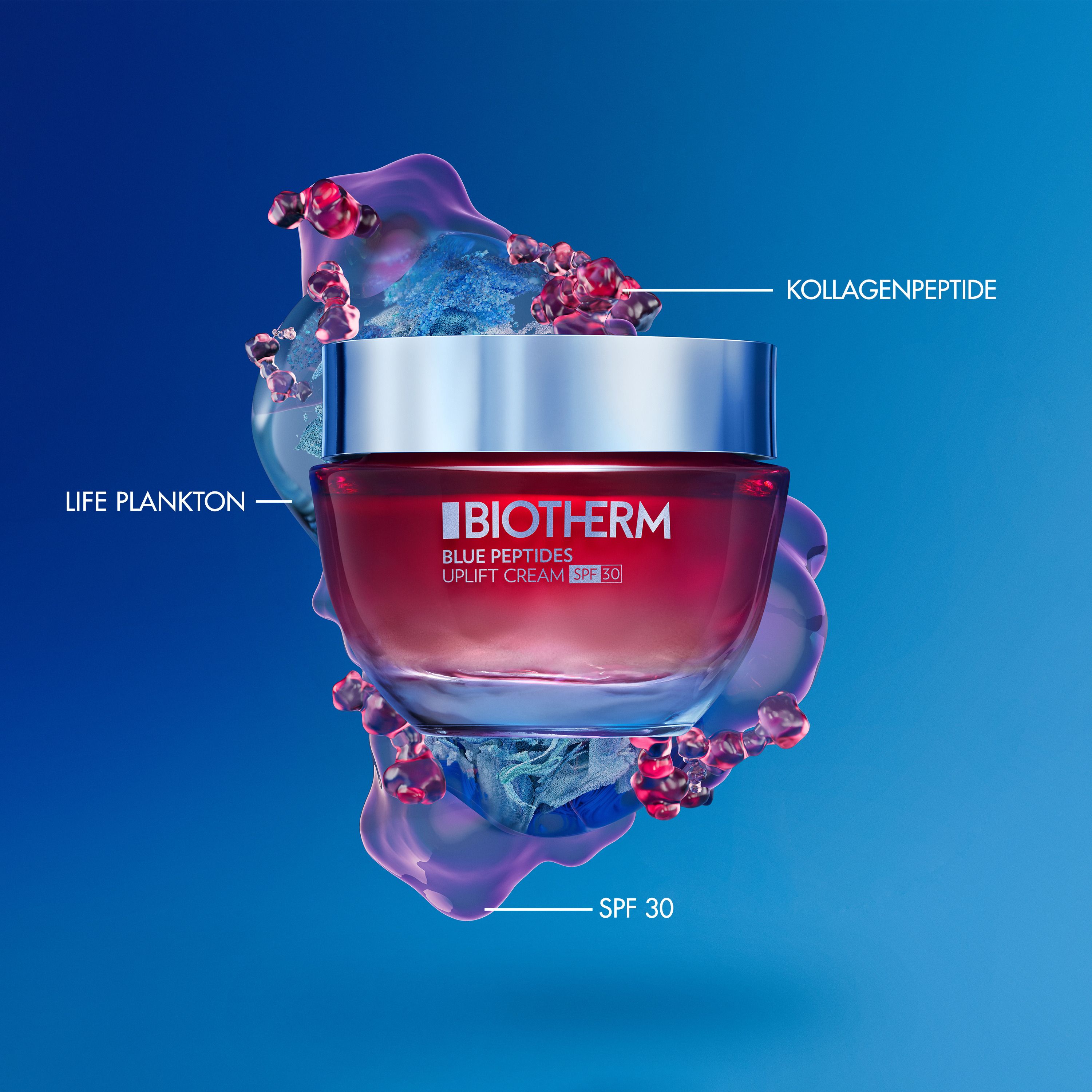 Vasetto di crema circondato dall'acqua. Scritta: BIOTHERM BLUE PEPTIDES UPLIFT CREAM SPF 30.
