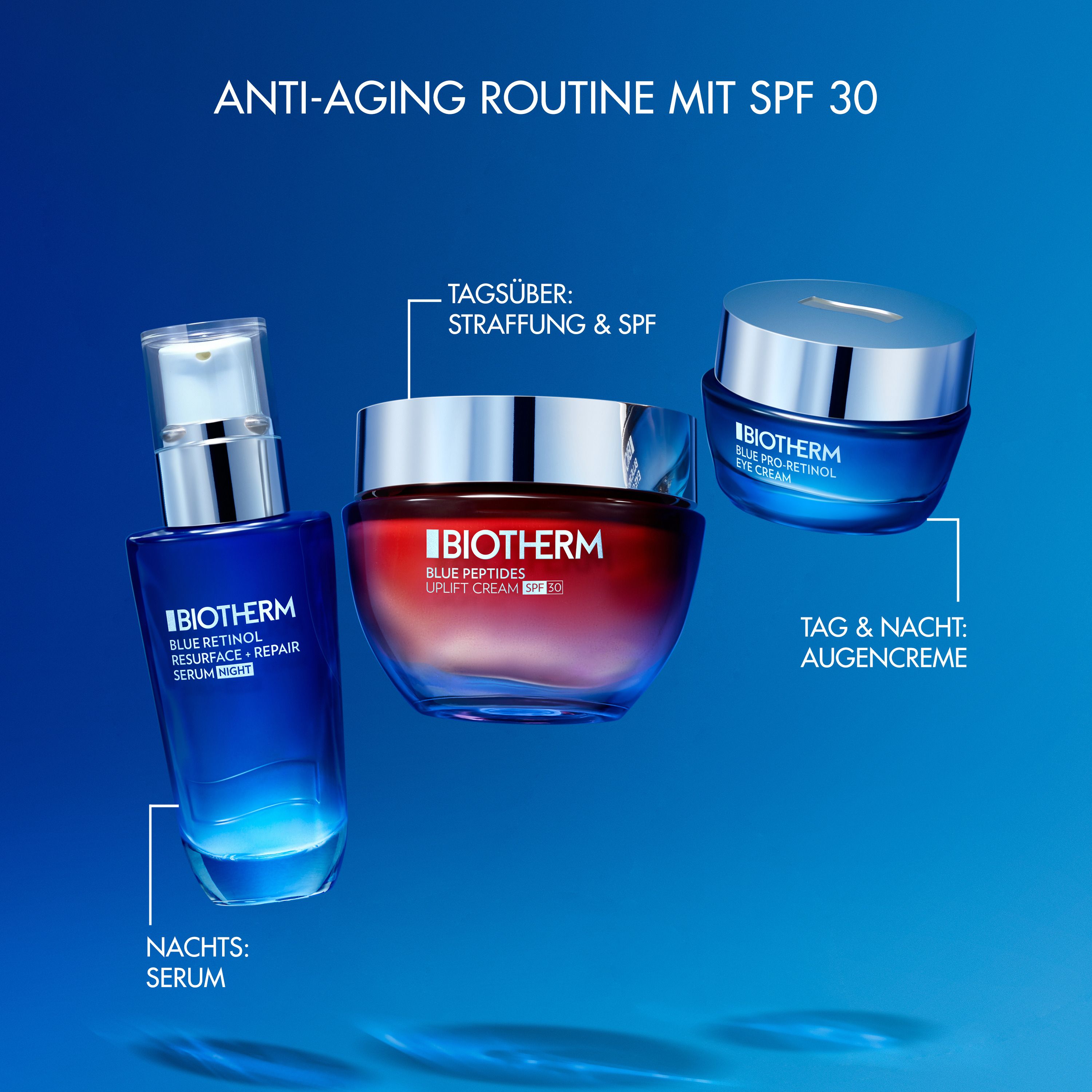 Tre prodotti. Scritta: ANTI-AGING ROUTINE MIT SPF 30. Prodotti: siero, crema, crema occhi.