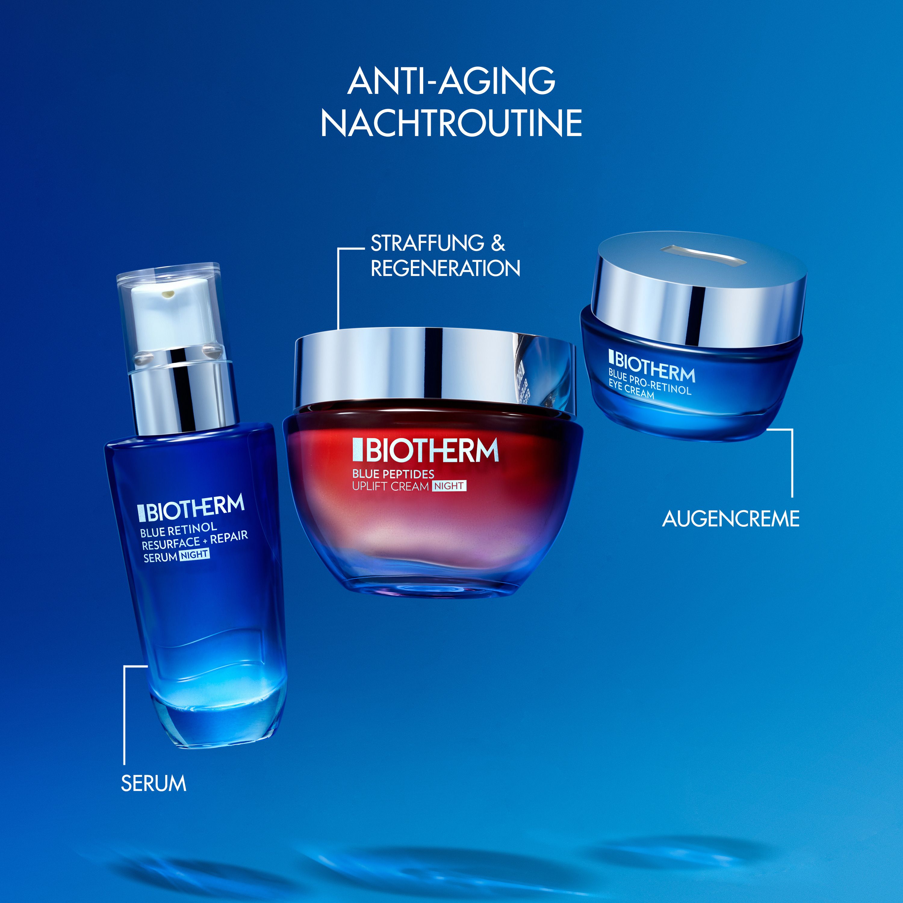 Tre prodotti: siero, crema e crema contorno occhi. Testo: ANTI-AGING NACHTROUTINE.