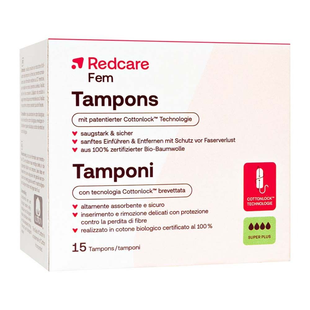 Confezione di tamponi Redcare Fem. 15 pezzi Super Plus. Con tecnologia Cottonlock.