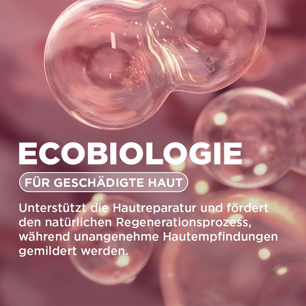 Rappresentazione astratta di cellule cutanee, testo: ECOBIOLOGIA PER PELLI DANNEGGIATE.