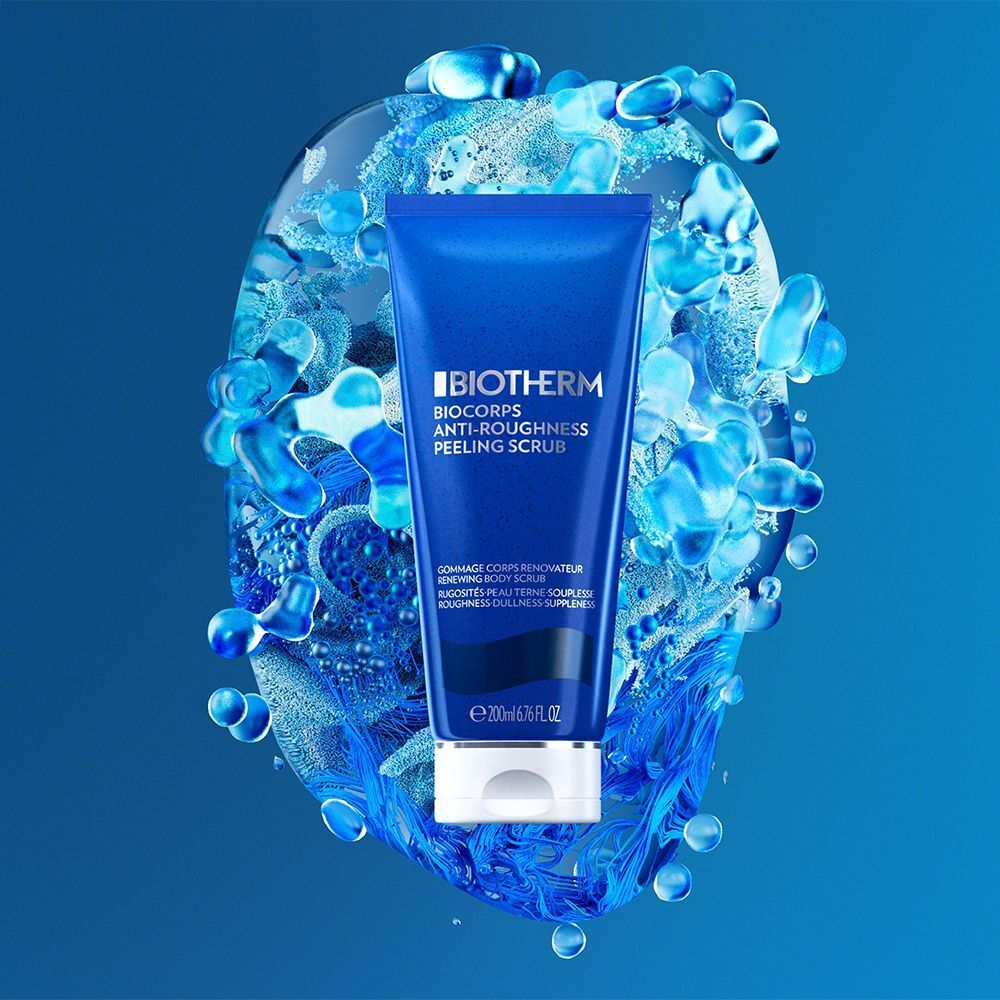Tubo blu con tappo bianco, circondato da forme d'acqua blu. Scritta: Biotherm.
