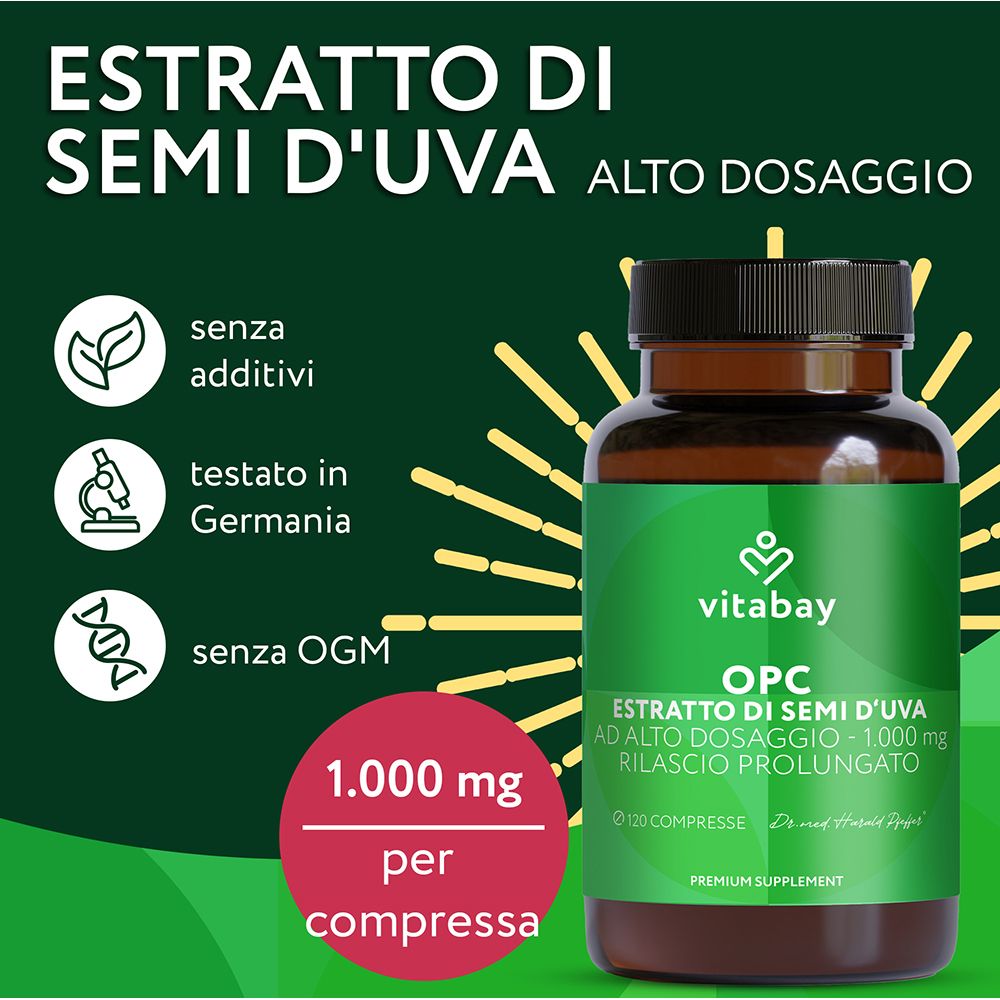 Vitabay OPC estratto di semi d'uva, 1000 mg per capsula, 90 capsule.