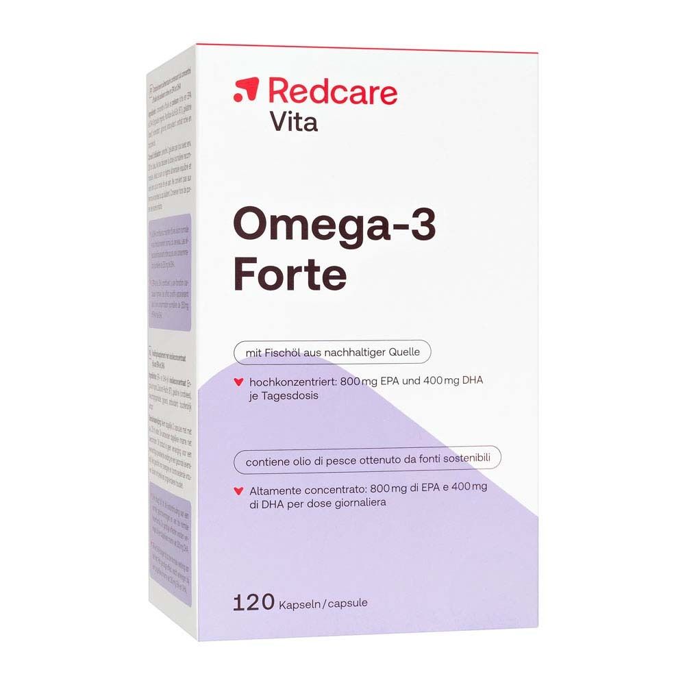 Scatola bianca con logo rosso e nome del prodotto. 120 capsule. Testo: Omega-3 Forte.