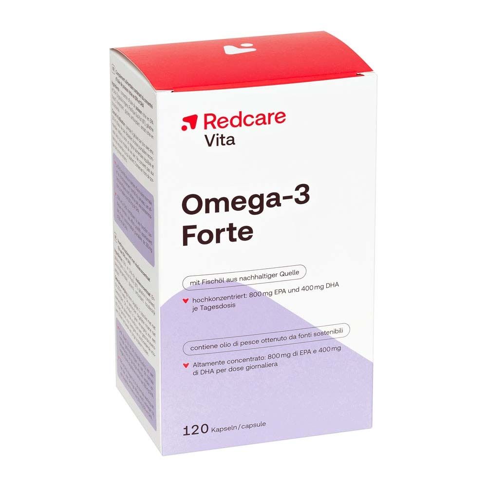 Scatola bianca con logo rosso e nome del prodotto. 120 capsule. Testo: Omega-3 Forte.