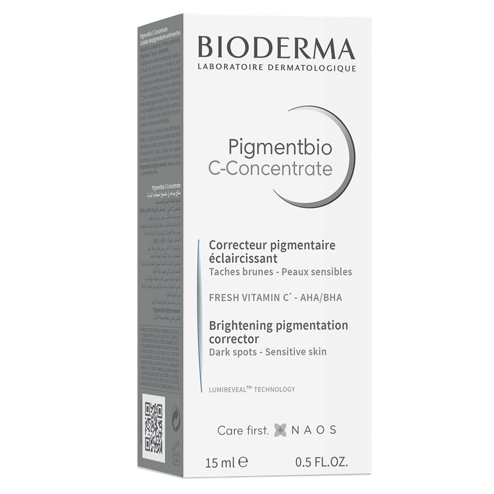 Flacone e pipetta. Scritta: BIODERMA Pigmentbio C-Concentrate. Pipetta in vetro.