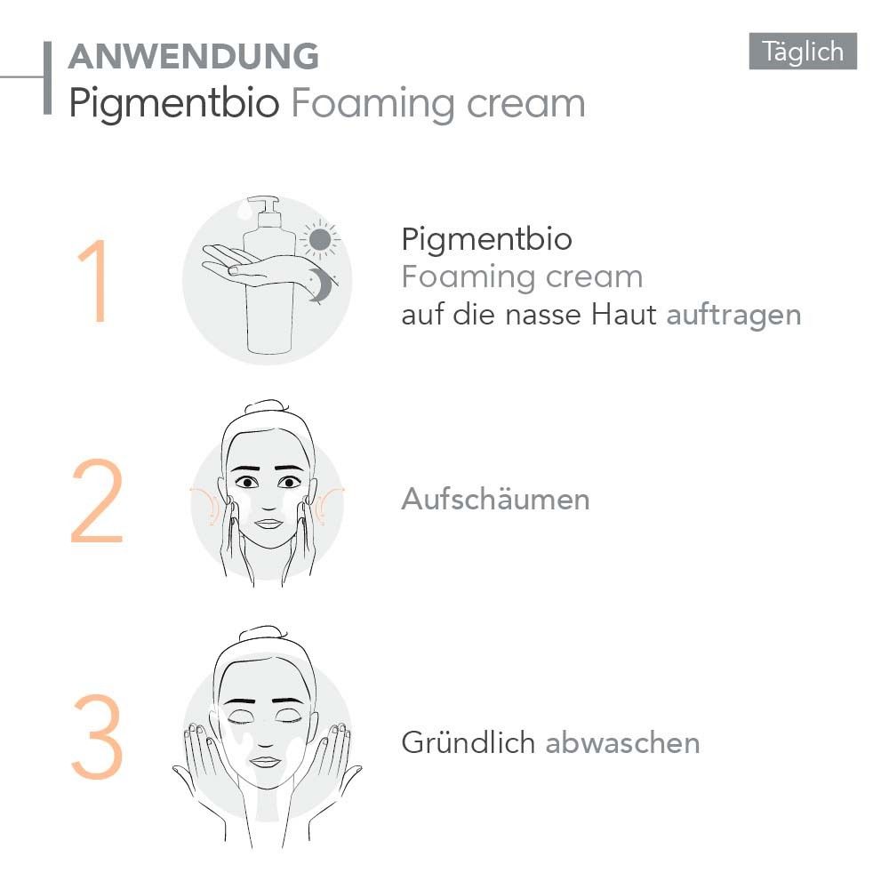 Istruzioni: Applicare Pigmentbio Foaming cream su pelle umida, schiumare, risciacquare abbondantemente.