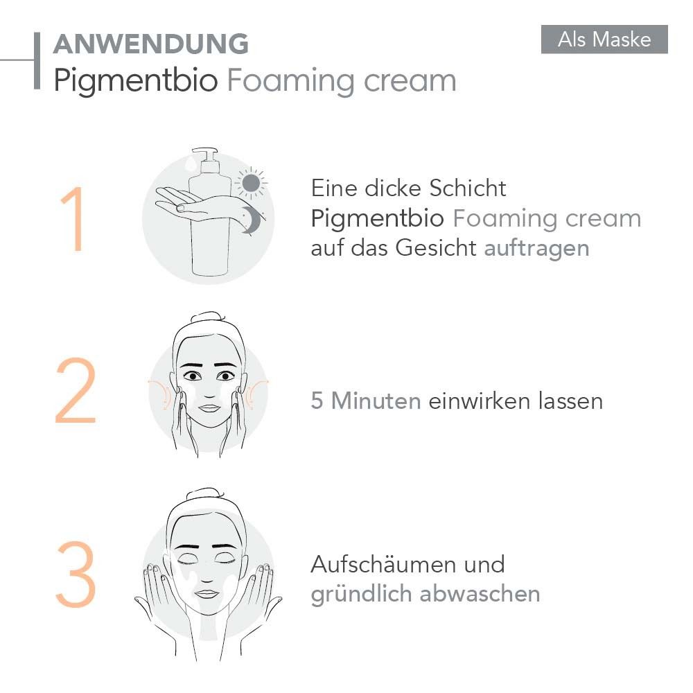 Istruzioni: Applicare la crema schiumogena Pigmentbio, lasciare agire 5 minuti, schiumare e risciacquare.