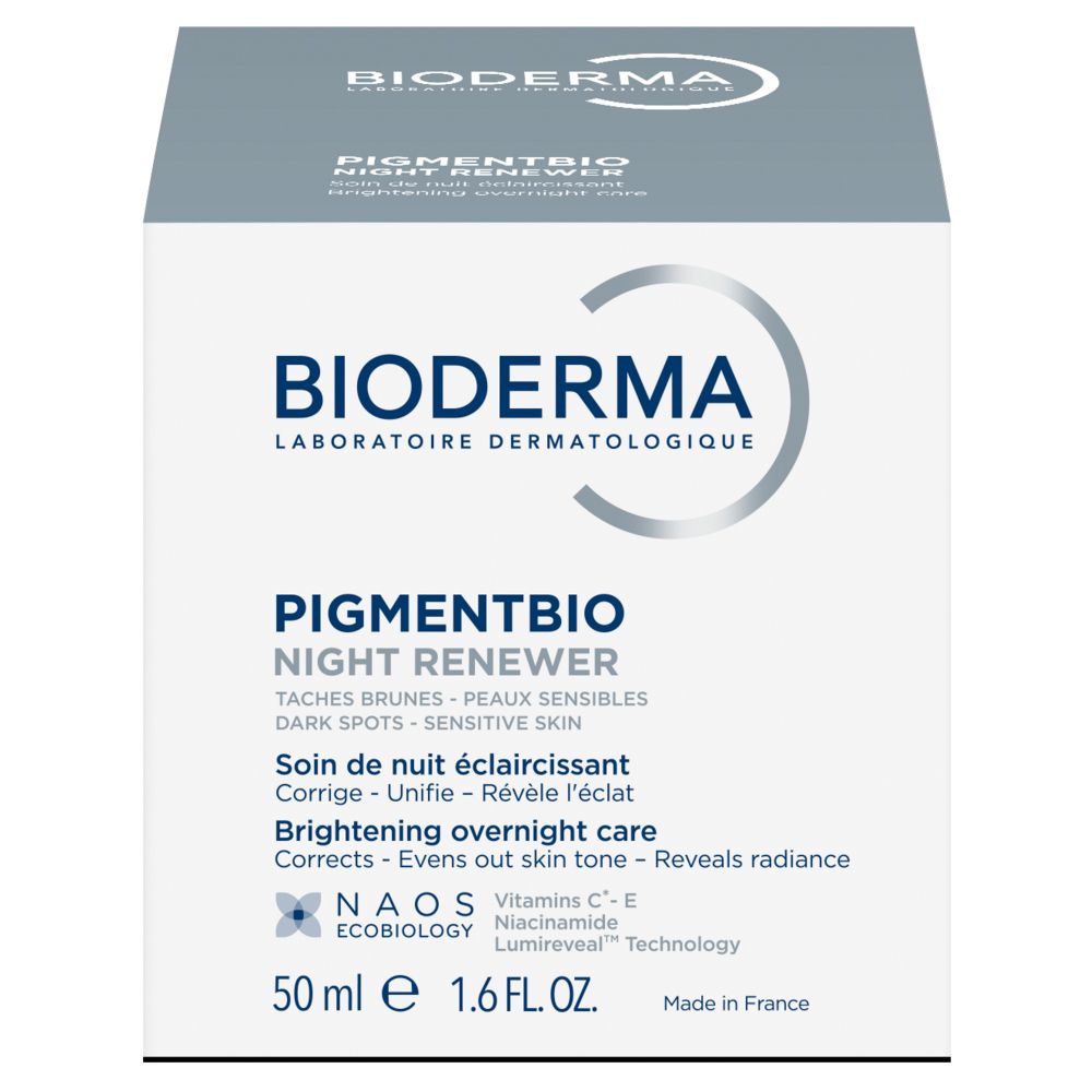 Vaso BIODERMA Pigmentbio. Vaso grigio, coperchio bianco. Nome prodotto e logo visibili.