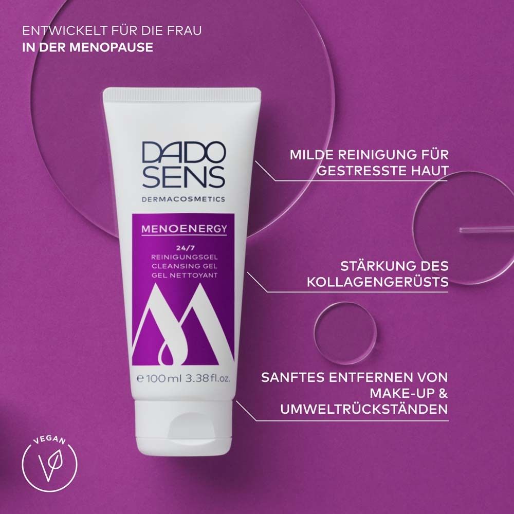 Tubo bianco con stampa viola. Testo: Menoenergy, gel detergente. Marchio: DADO SENS. Sfondo viola.