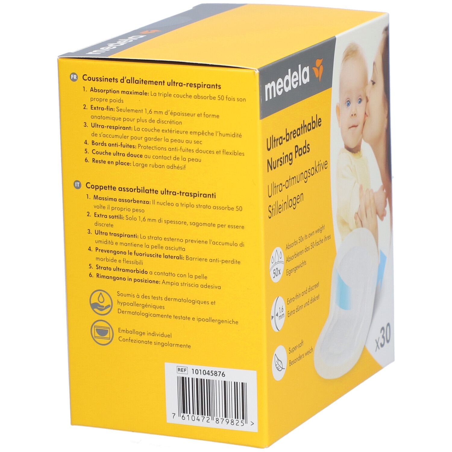 Retro della scatola di assorbenti per allattamento ultra-traspiranti medela. Testo in tedesco, francese, italiano, olandese. Informazioni.