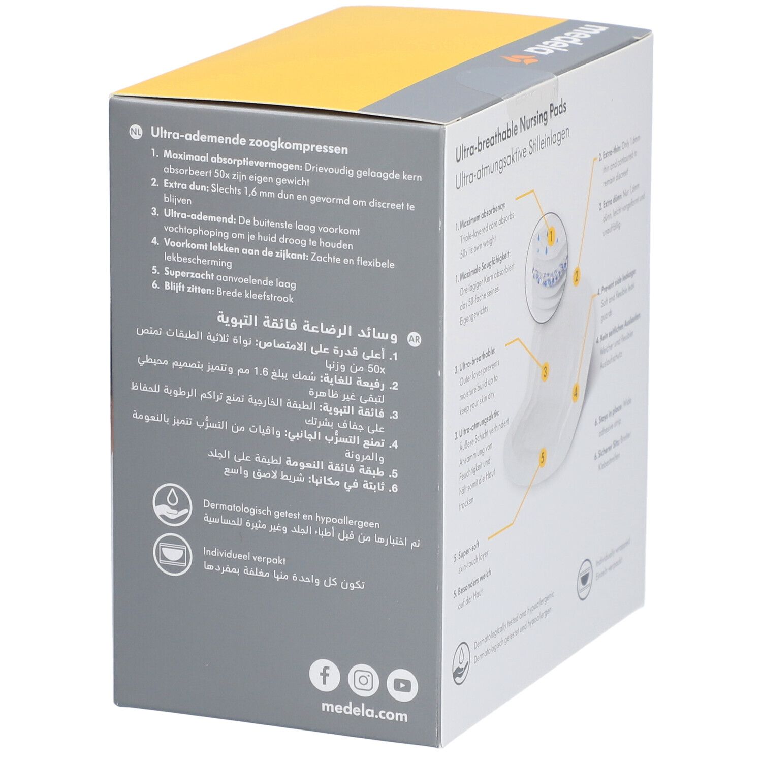 Scatola di assorbenti per allattamento ultra-traspiranti medela. Testo in tedesco, francese, italiano, olandese e arabo. Caratteristiche.
