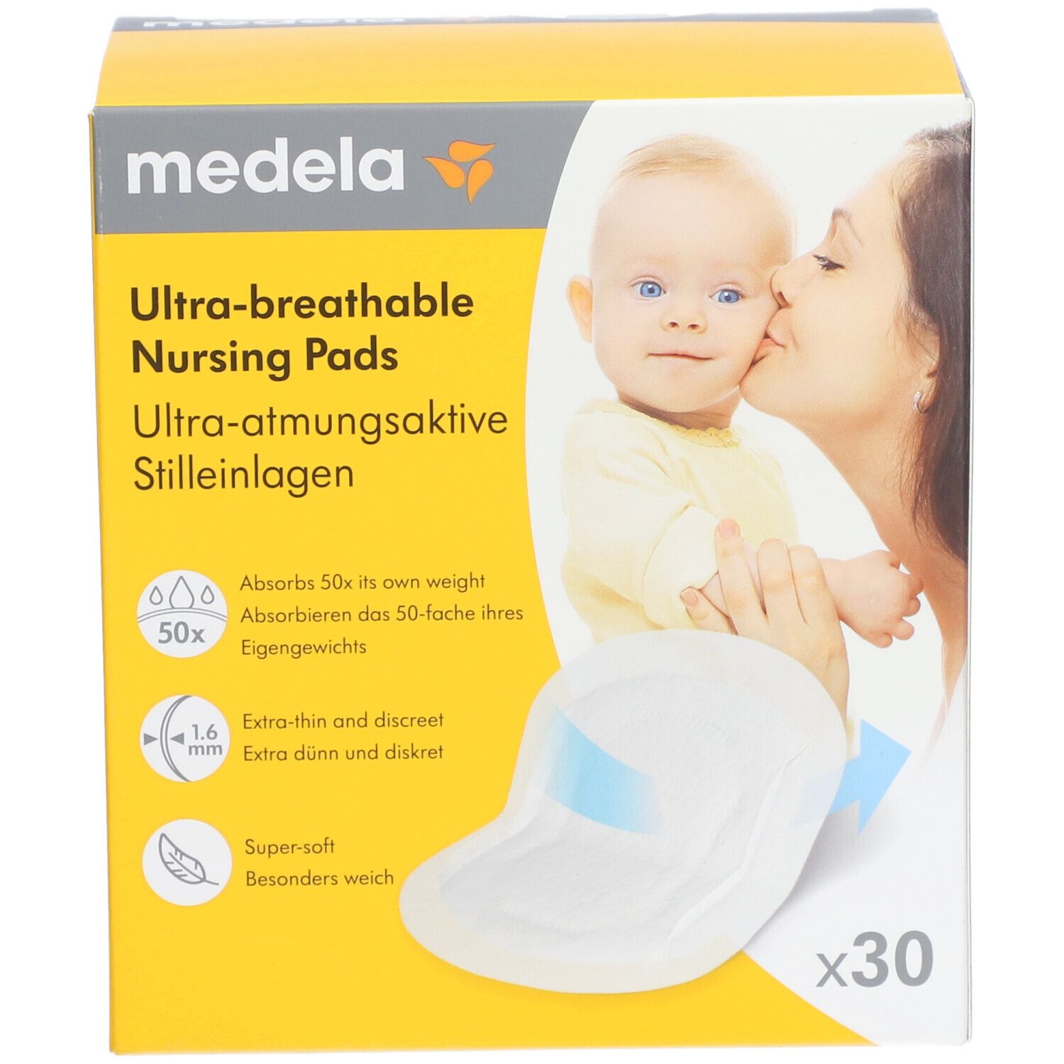 Scatola di assorbenti per allattamento ultra-traspiranti medela. Scritte: 50x, 1,6 mm, extra sottili, super morbidi. Bambino e madre.