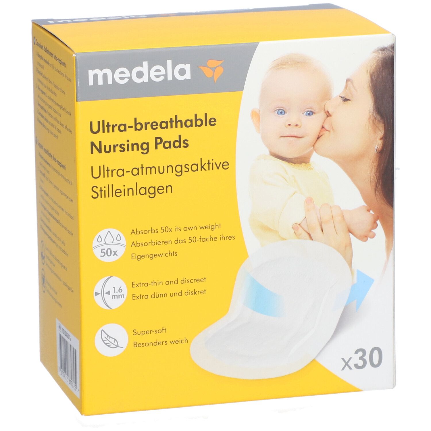 Scatola di assorbenti per allattamento ultra-traspiranti medela. Scritte: 50x, 1,6 mm, extra sottili, super morbidi. Bambino e madre.