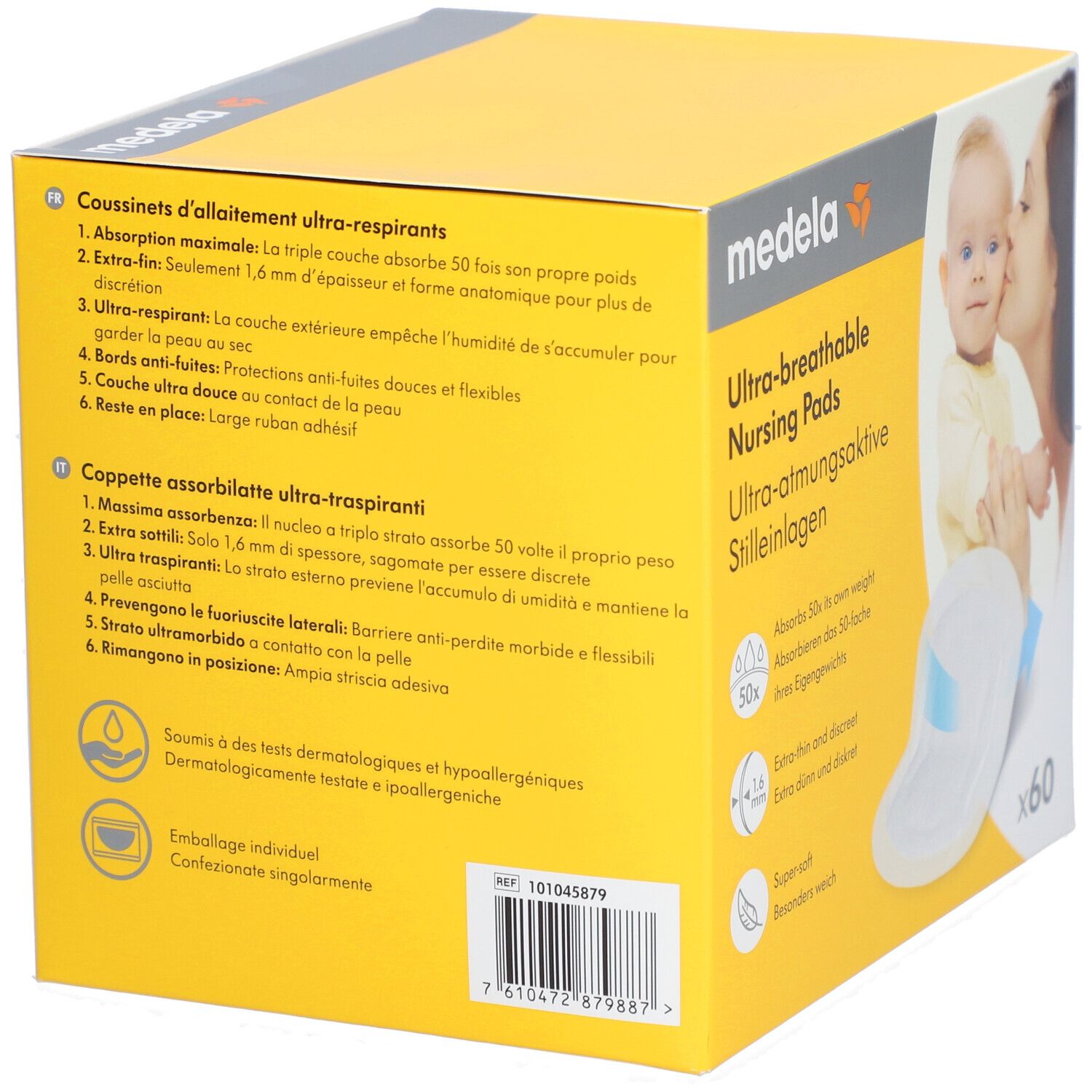 Confezione con informazioni sul prodotto. Marchio: medela. Testo in tedesco, italiano, olandese e francese. Contiene 60 pezzi.