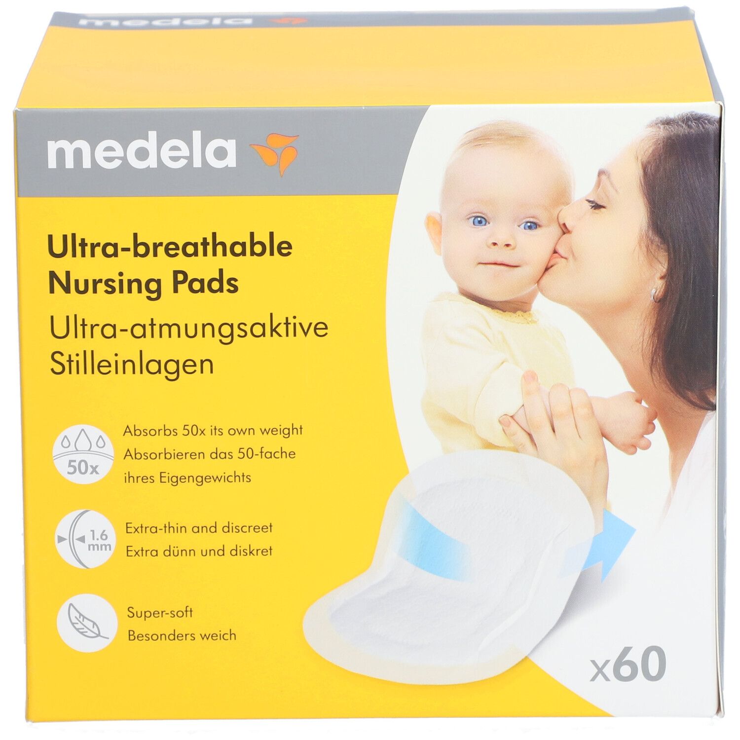 Confezione di assorbenti per allattamento medela. Scritta: Ultra-traspiranti. Contiene 60 pezzi. Immagine: Madre e bambino.
