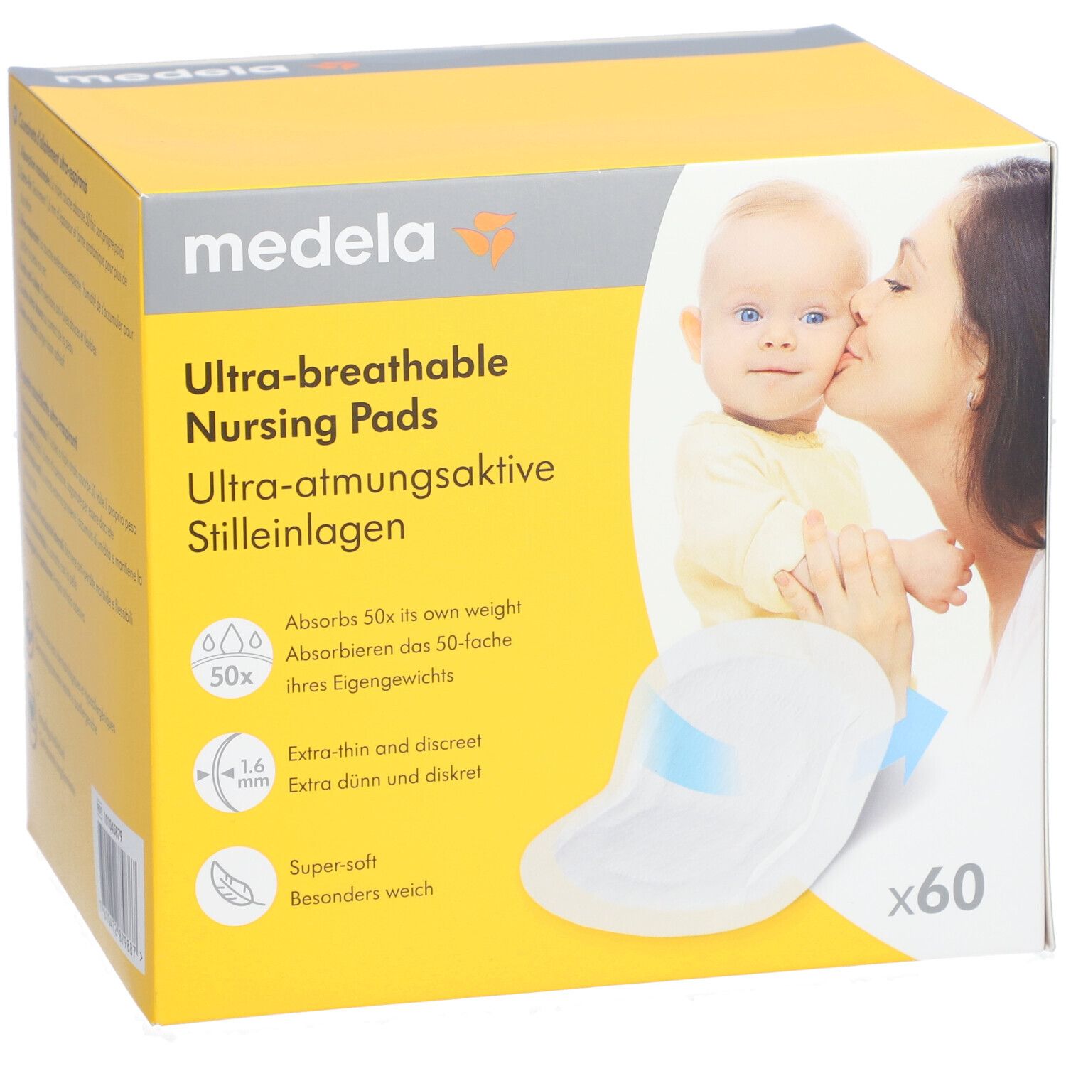 Confezione di assorbenti per allattamento medela. Scritta: Ultra-traspiranti. Contiene 60 pezzi. Immagine: Madre e bambino.