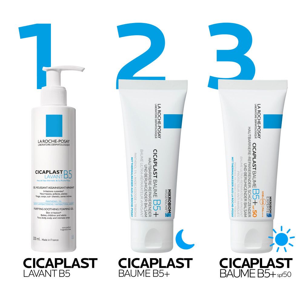 Tre prodotti La Roche-Posay Cicaplast: Lavant B5, Baume B5+, Baume B5+ SPF 50. Diverse confezioni.