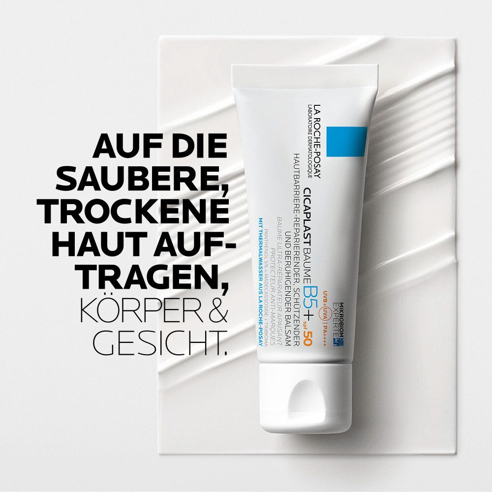 La Roche-Posay Cicaplast Baume B5+ SPF 50. Tubo su superficie bianca. Per corpo e viso.