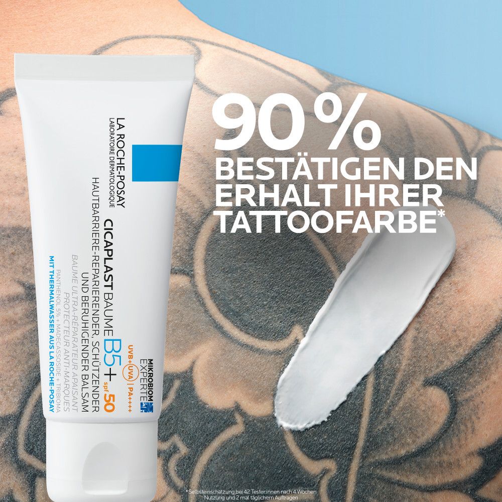 La Roche-Posay Cicaplast Baume B5+ SPF 50. Tubo su pelle tatuata. Il 90% conferma il mantenimento del colore.
