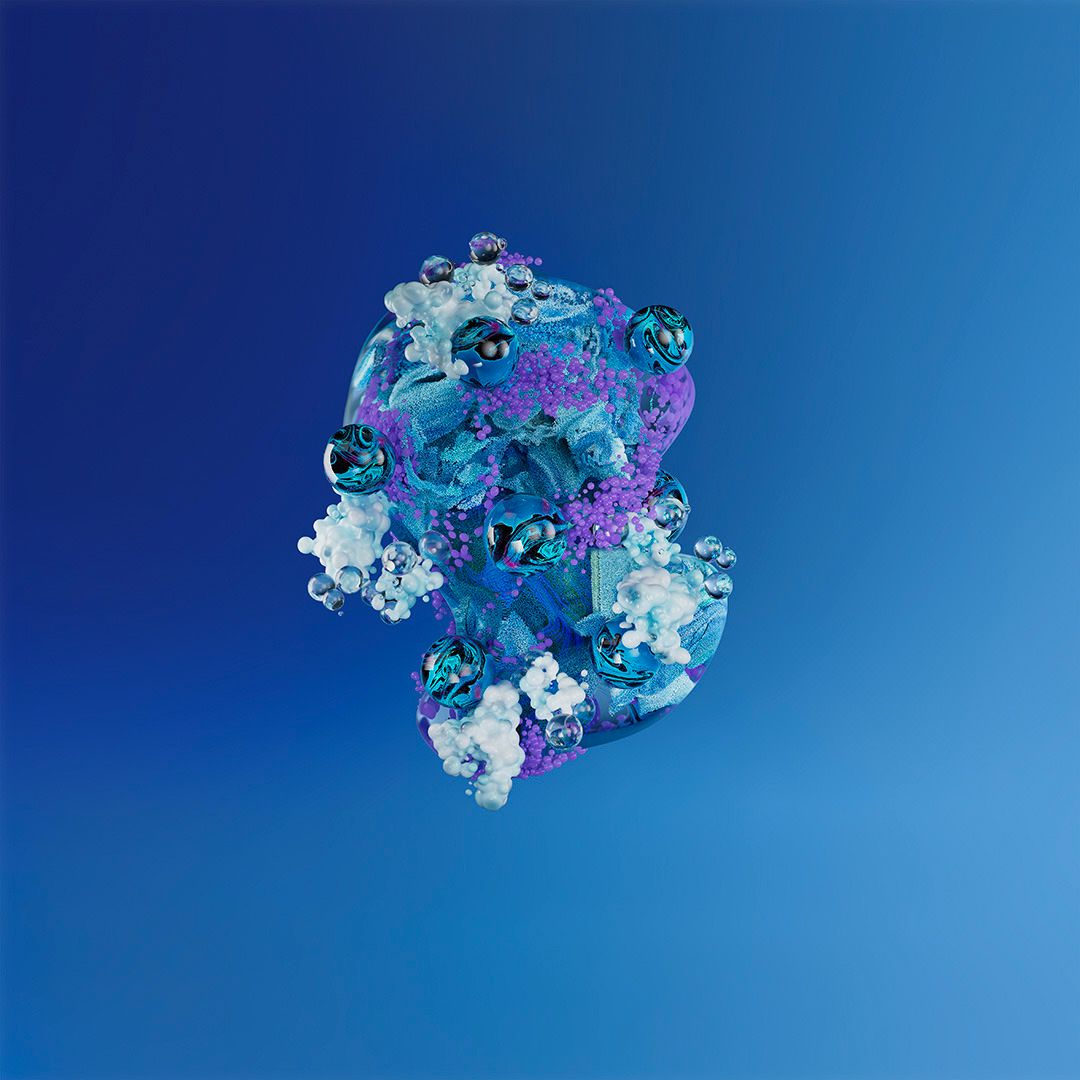 Rappresentazione astratta di elementi blu e bianchi, forse ingredienti.