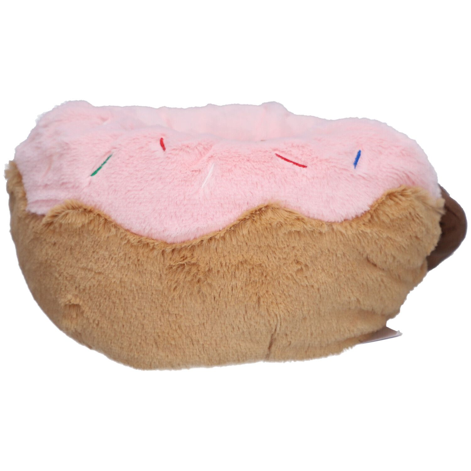 Peluche marrone a forma di ciambella con glassa rosa e codette colorate.
