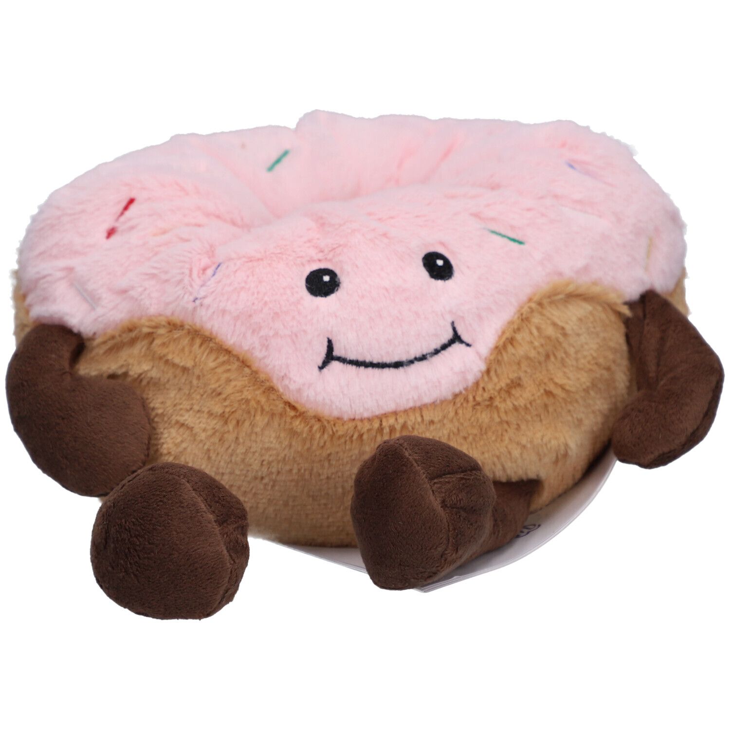 Peluche a forma di ciambella con glassa rosa e codette.