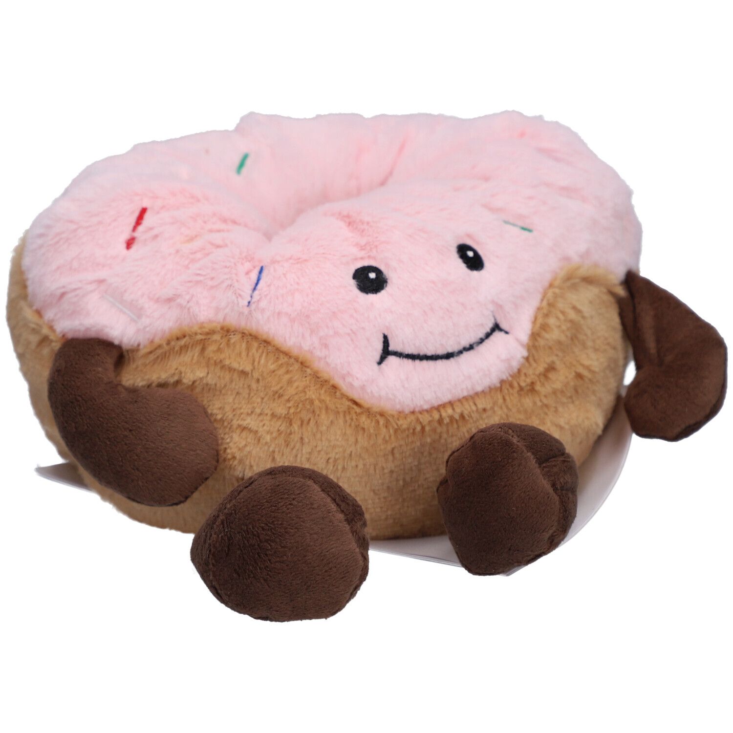 Peluche a forma di ciambella con glassa rosa e codette.
