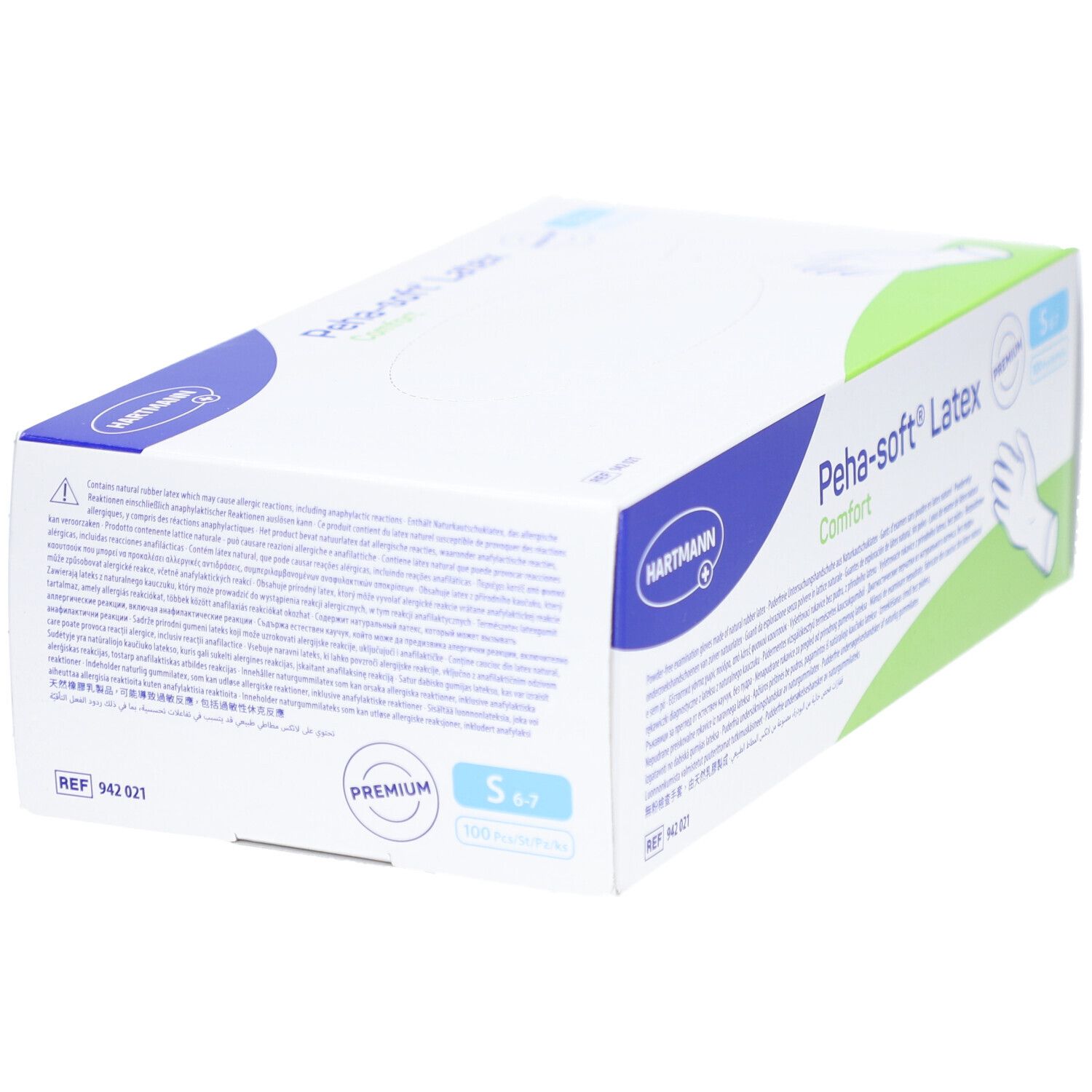 Scatola di guanti Hartmann Peha-soft Latex Comfort. Scritta blu e verde. Taglia S. Premium.