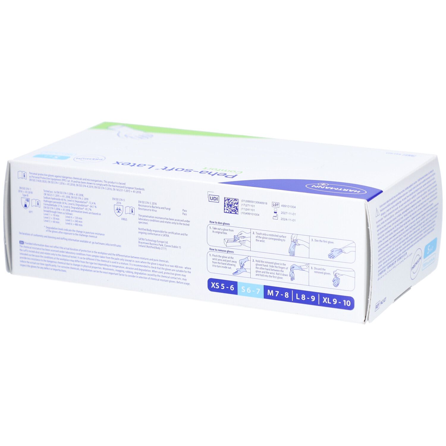 Retro della scatola Hartmann Peha-soft Latex Comfort. Taglie XS-10. Pittogrammi e informazioni.