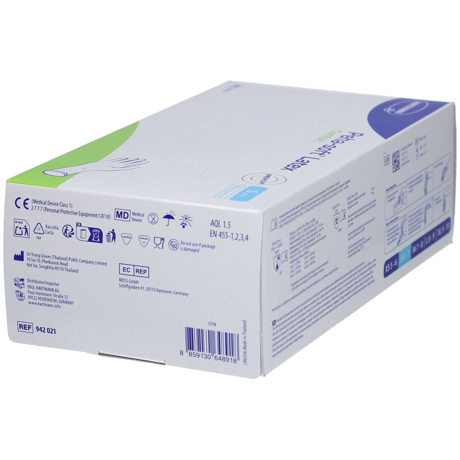 Retro della scatola Hartmann Peha-soft Latex Comfort. Marcatura dispositivo medico. Informazioni.