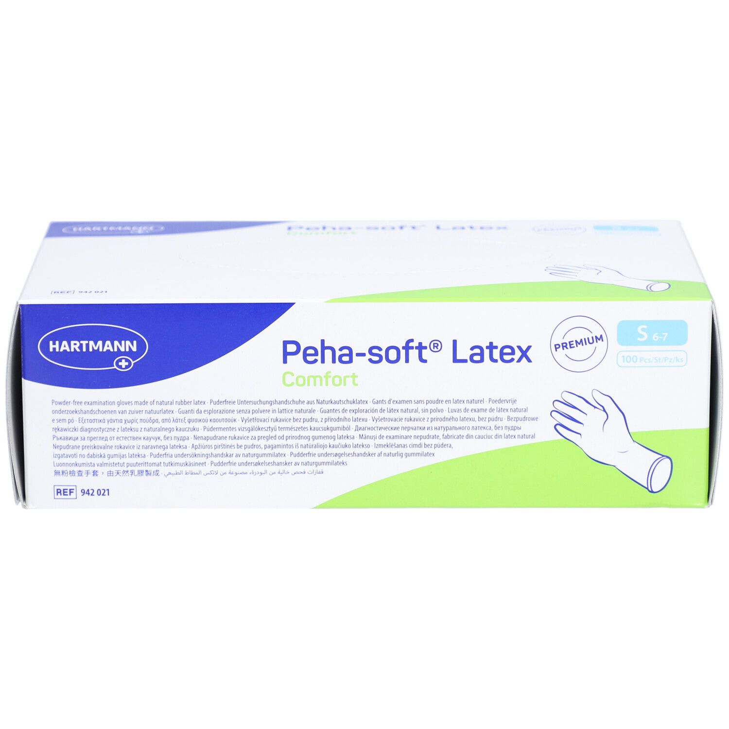 Scatola di guanti Hartmann Peha-soft Latex Comfort. Scritta verde. Taglia S. Premium.