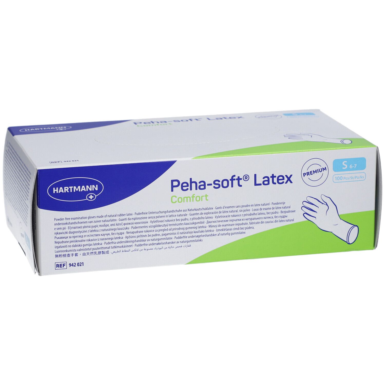 Scatola di guanti Hartmann Peha-soft Latex Comfort. Scritta blu e verde. Taglia S. Premium.